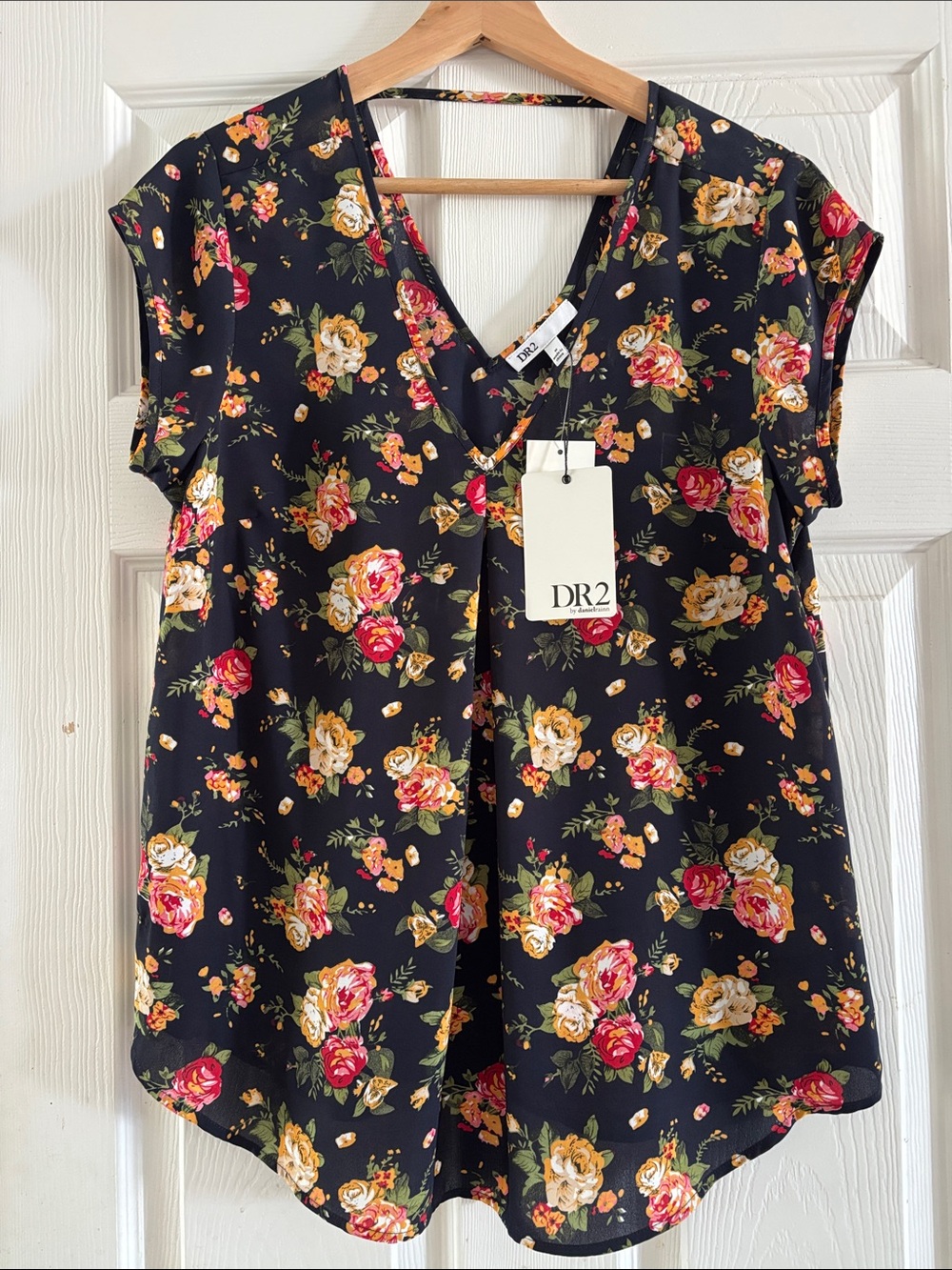 DR2 Black Floral V-Neck Blouse with Pink & Cream Roses